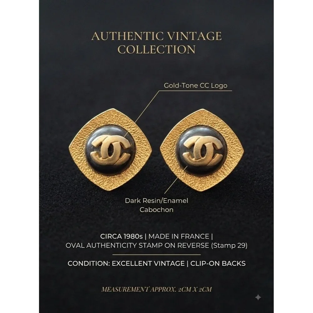⁠Vintage Chanel CC Logo Earrings Gold Black Diamond Shape Collection 28 Clip On